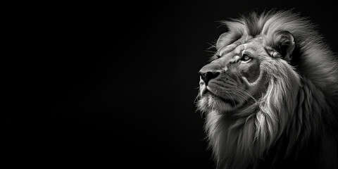 Black and white photorealistic studio portrait of a Male Lion on black background. Generative AI illustration