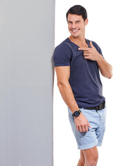 Portrait, fashion and a man pointing to mock up while isolated against a transparent background for branding. PNG, style and empty mockup space with a happy male person standing next to a gray wall