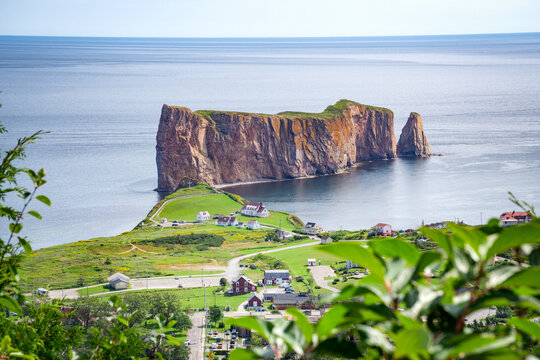 Perc&eacute; rock from a distance, small town of Perc&eacute; at the edge, Gaspesie, QC, Canada