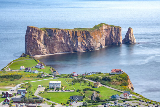 Perc&eacute; rock from a distance, summer in small town of Perc&eacute; at the edge, Gaspesie, QC, Canada