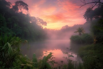 Obraz premium gorgeous jungle sunrise, with soft pastel colors and the promise of a new day, created with generative ai