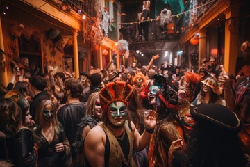 Fototapeta na wymiar mardi gras party, with guests wearing masks and dancing to live music, created with generative ai