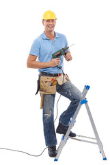Happy man in portrait, handyman with power tools and maintenance worker with drill isolated on...