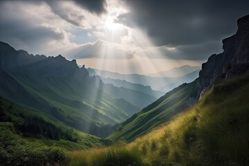 majestic mountain range, with rays of sunlight shining through the clouds, created with generative ai