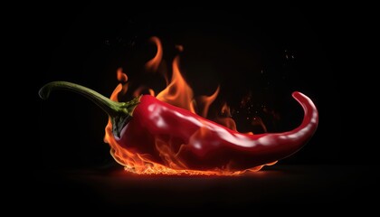 Image of Black background with red chili peppers on fire printed on Printed Glass Splashbacks