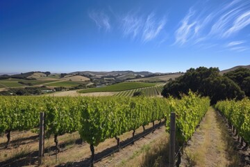 Fototapeta premium vineyard with rolling hills and a clear blue sky, created with generative ai