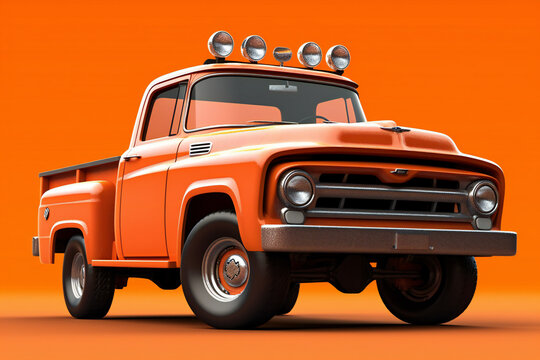 Old retro pickup truck on orange background, Generative AI