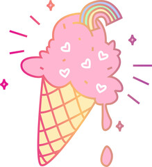 helado con chispitas de corazones y dulce de arcoiris. dibujo a color de helado con chispitas de corazones - obrazy, fototapety, plakaty