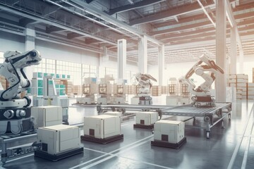 packaging and sorting robots working in futuristic warehouse, with other high-tech devices visible, created with generative ai