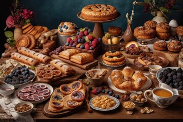 a stunning spread of various baked goods, from traditional pastries and pies to modern desserts, created with generative ai