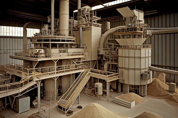 pulp and paper plant, with conveyor belts moving raw materials into the production process, created with generative ai