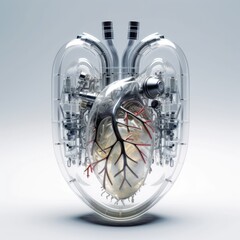 Cybernetic Pulse - A Transparent Plastic Cyborg Human Heart Portrait with Silver Circuit Boards Visible Inside. Generative AI