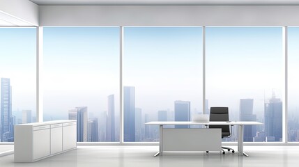Blank wall with copy space in modern office interior, large window with city view, generative ai