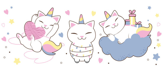 Cute Unicorn cat with heart and star. Happy Kitten Meow, Kawaii cat unicorn animal. Perfect for baby shower girl, Birthday party decoration pattern, nursery wall.