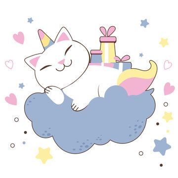 Cute Unicorn cat with heart and star. Happy Kitten Meow, Kawaii cat unicorn animal. Perfect for baby shower girl, Birthday party decoration pattern, nursery wall.