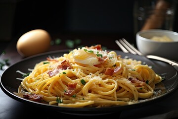 plate of spaghetti carbonara with eggs, bacon, and cheese, created with generative ai