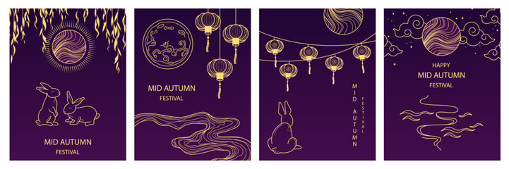 Mid autumn festival greeting card with gold design elements with moon, rabbits, clouds, lanterns. Concept for holiday decor, poster, banner. Isolated vector objects illustration line art style.