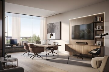 Fototapeta premium a living room with sleek videoconferencing equipment, a desk for taking notes, and wall-mounted monitors to share the view, created with generative ai