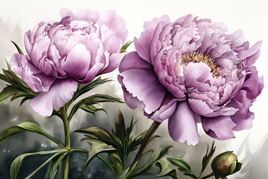 Watercolor realistic picture of a purple peony flower. Floral vintage arrangement. Botanical AI illustration for greeting cards, bouquets, wreaths, wedding invitations and summer backgrounds