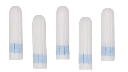 Clean cotton tampons with blue string on transparent background