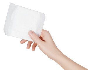 Female hand holding a sanitary pad for menstruation. Concept: female's hygienic product for...