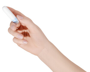 Woman's hand holding a clean cotton tampon on transparent background.