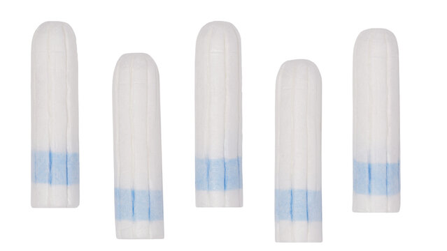 Clean cotton tampons with blue string on transparent background