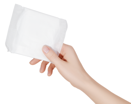 Female hand holding a sanitary pad for menstruation. Concept: female's hygienic product for period's day. Woman healthcare. Monthly intimate hygiene.