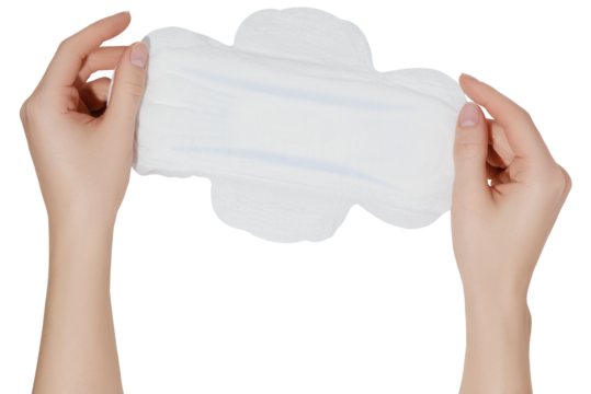 Woman holding white sanitary pad on transparent background.