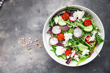salad cheese green leaves vegetable radish, tomato, cucumber meal food snack on the table copy space food background rustic top view 