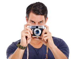 Man, retro camera and portrait of a photographer holding equipment or creative on isolated and transparent png background. Photography, male model and artistic or capturing vintage still media