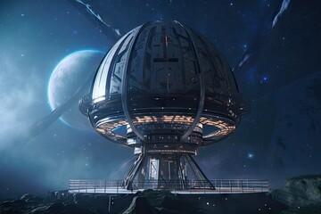 futuristic observatory, with planet and stars in the background, for immersive experience of space, created with generative ai