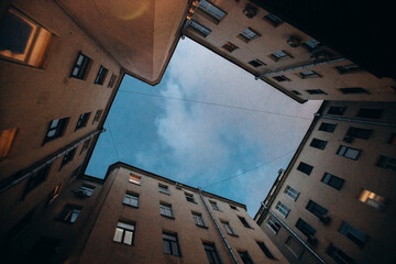 City courtyard-well. Sky view.