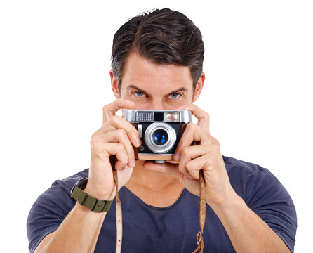 Man, retro camera and portrait of a photographer holding equipment or creative on isolated and transparent png background. Photography, male model and artistic or capturing vintage still media