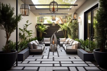 Fototapeta premium modern patio with sleek seating and geometric lanterns, created with generative ai