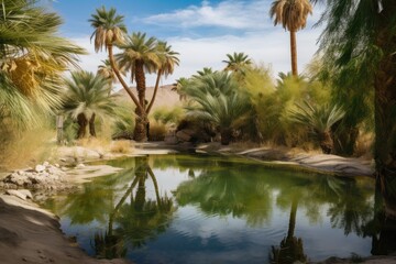 Fototapeta na wymiar oasis in the dessert, with palm trees and clear water springs, created with generative ai