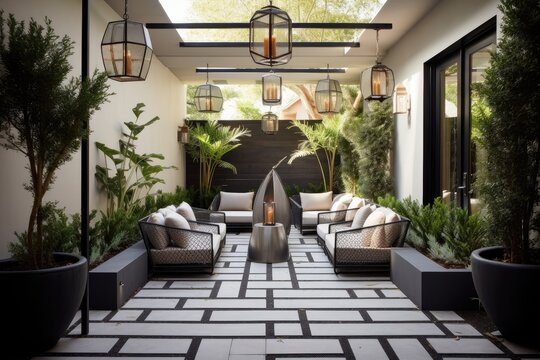 modern patio with sleek seating and geometric lanterns, created with generative ai