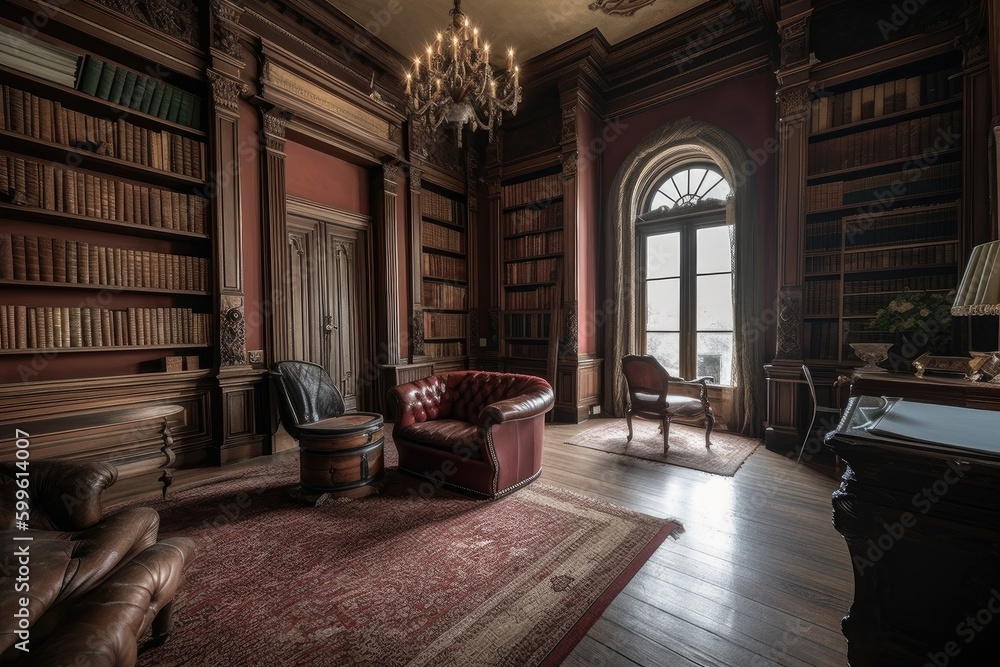 Poster classic library, with bookshelves and reading nooks, in stately mansion, created with generative ai