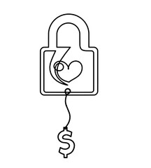 Abstract heart-lock with dollar as continuous line drawing on white background