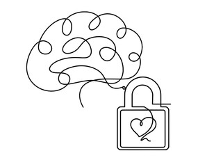 Abstract heart-lock with brain as continuous line drawing on white background