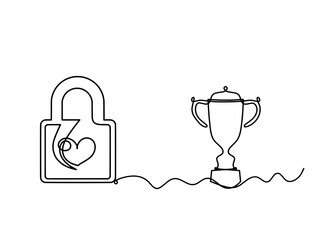 Abstract heart-lock with trophy as continuous line drawing on white background