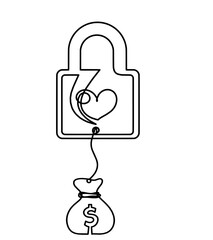 Abstract heart-lock with dollar as continuous line drawing on white background