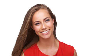 Smile, perfect teeth and portrait of a young woman isolated on a transparent png background. Professional female model, happy face and showing oral care, healthy happiness and person with cosmetics