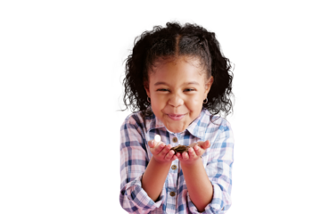 Portrait, excited and girl blowing confetti, celebration and kid isolated against transparent background. Face, female child and young person with excitement, happiness and glitter with png and wish