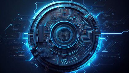 Obraz premium Abstract technology background, futuristic digital circle circuit on a blue background, Generative AI