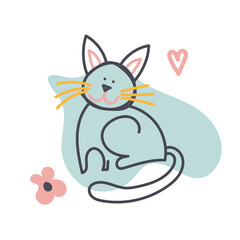 Vector cartoon cute hand drawn Cat with flower and heart art. Pastel nursery illustration. Good for sticker, poster, postcard, badge, layout, greeting card, patch, wall art, phone case, t-shirt.
