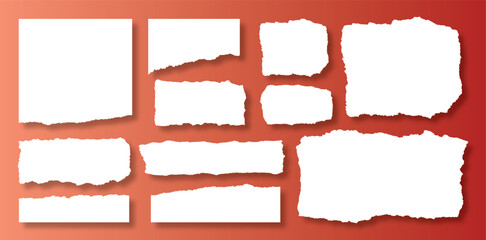 Set of elongated torn paper fragments isolated on white background