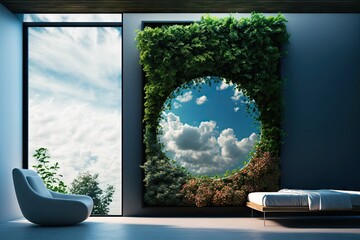 vertical garden on wall with a view of the sky and clouds, created with generative ai