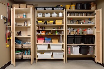 cleaning supplies closet, with shelves and bins for tools, solutions and products, created with generative ai