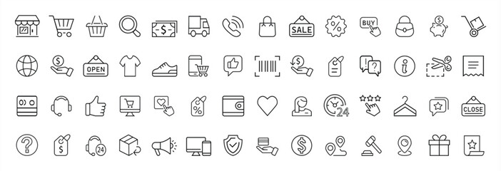Fototapeta na wymiar Shopping icon. Shopping icons set. E-commerce icon collection. Online shopping thin line icons. Sign and symbol. Vector illustration.